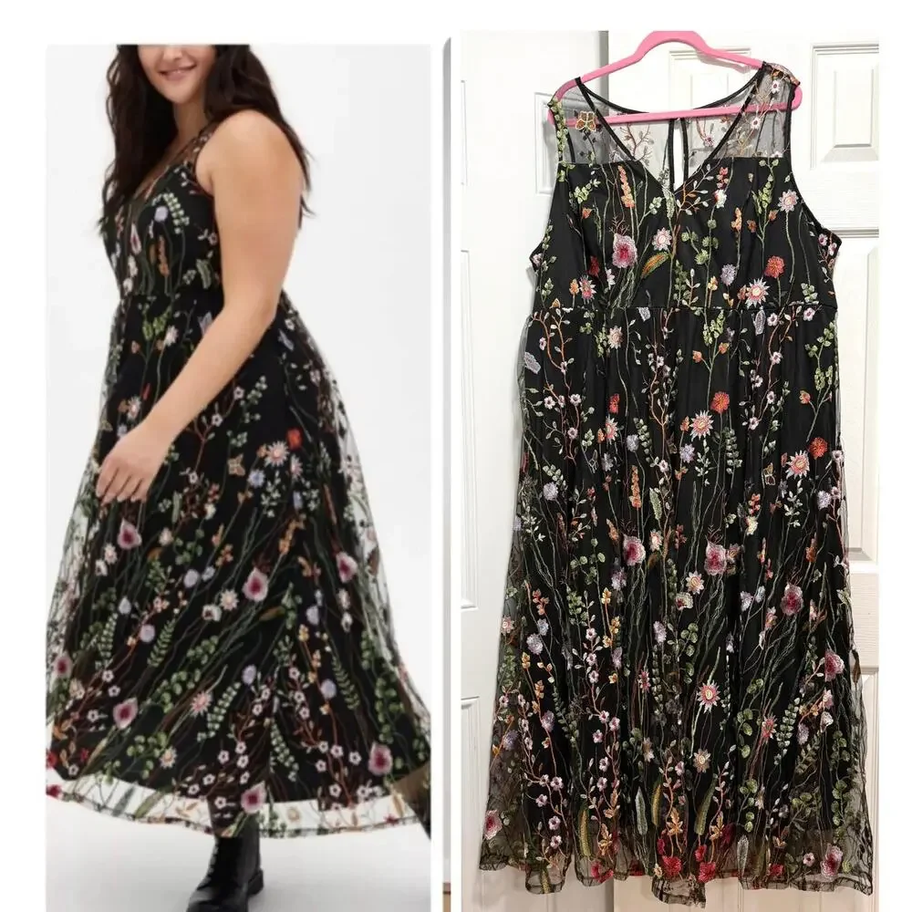 Torrid Size 24 Black Floral Embroidered Mesh Overlay Formal Cocktail Maxi Dress